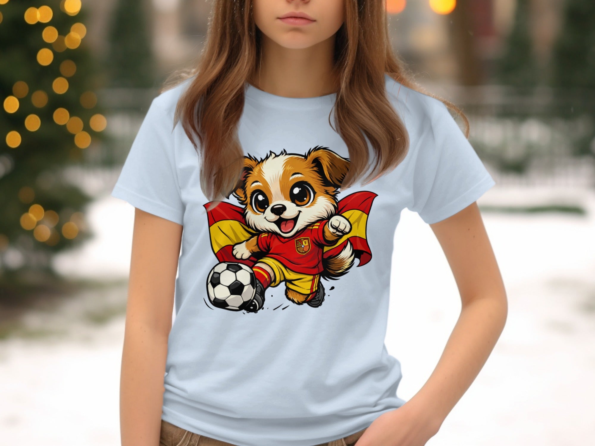 Cartoon dog dribbling soccer ball adorned with Spanish flag.