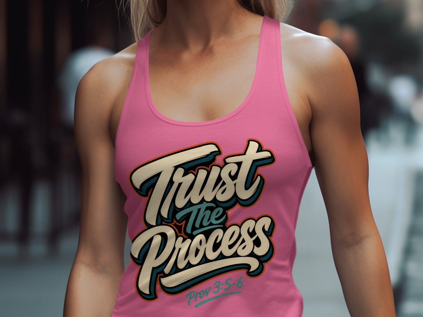 Pink tank top with "Trust The Process" and "Prov 3:5-6" graphic text.