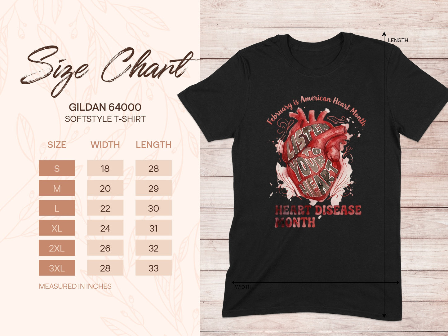 Gildan 64000 size chart and black t-shirt with American Heart Month graphic.