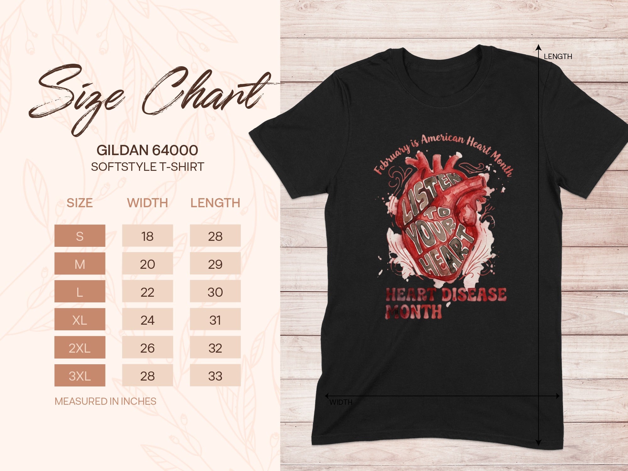 Gildan 64000 size chart and black t-shirt with American Heart Month graphic.