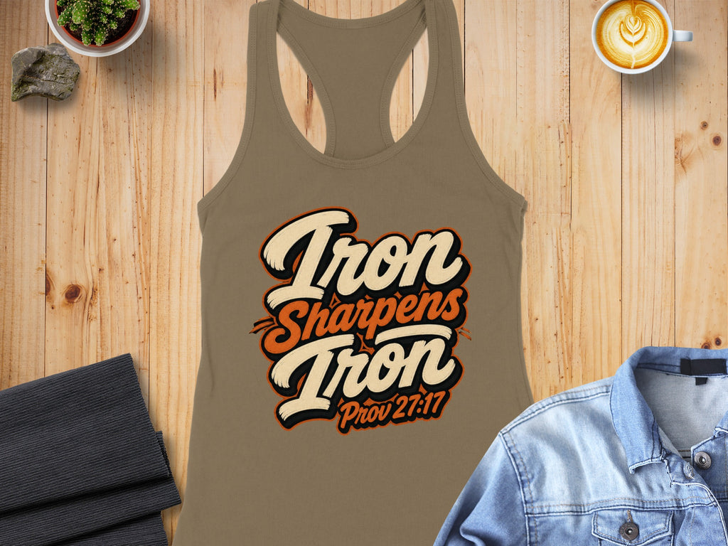 Tan racerback tank top with "Iron Sharpens Iron Prov 27:17" graphic.