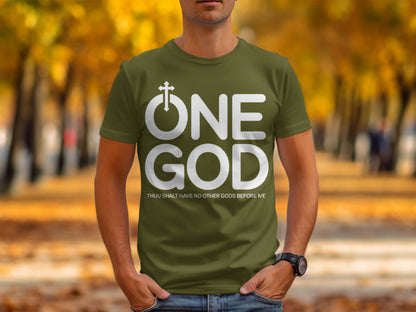 Olive green t-shirt with white text "ONE GOD" and a small cross icon.