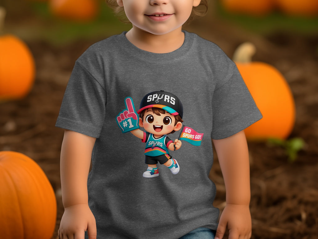 Child wearing a gray t-shirt with a cartoon Spurs fan character holding a #1 foam finger and flag.