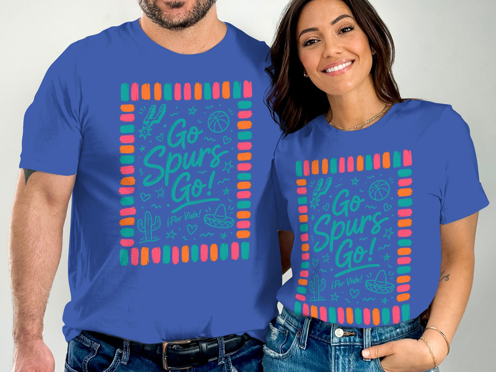 Blue t-shirts with "Go Spurs Go!" and desert graphics within a colorful border.