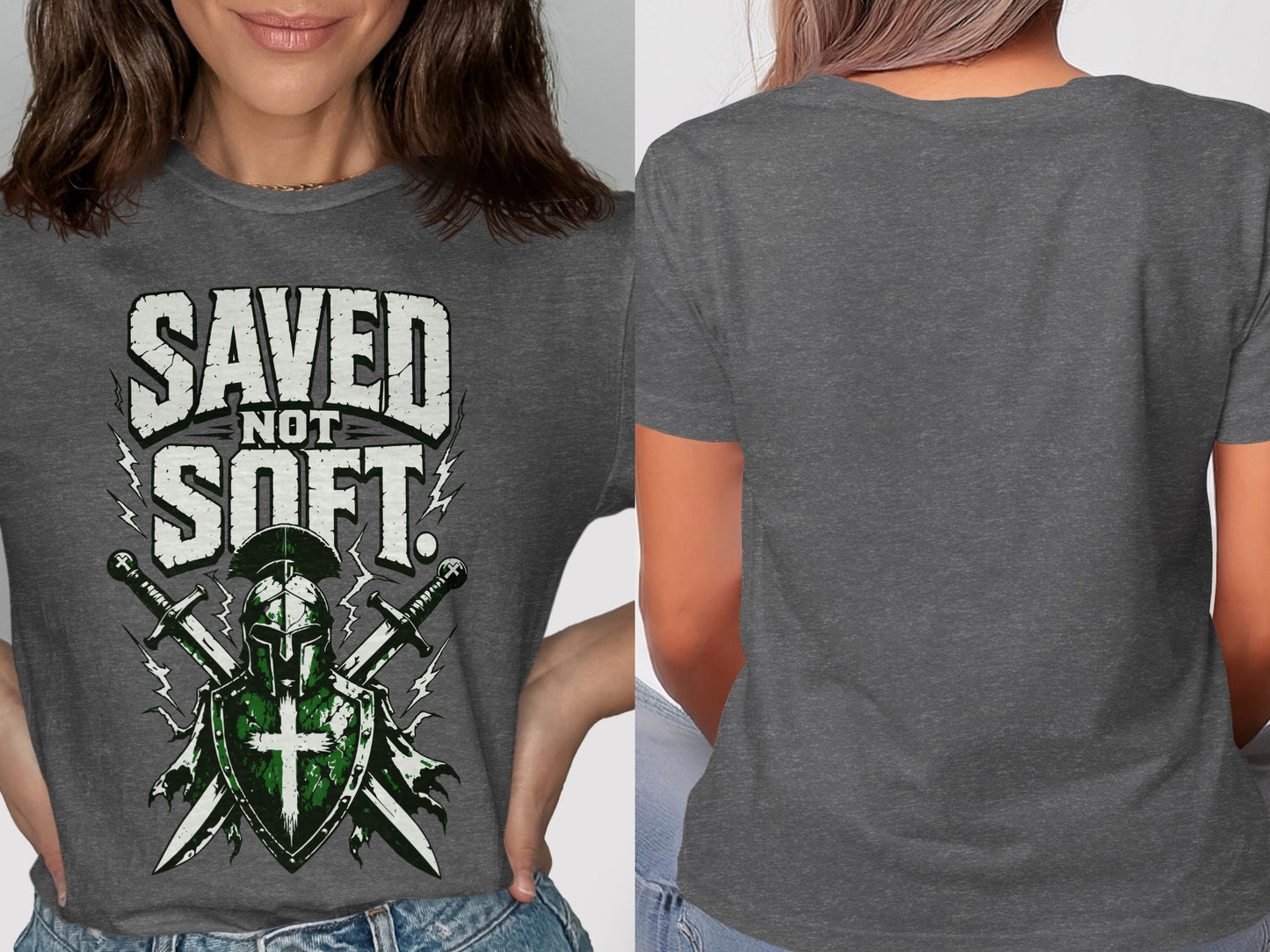 Men's dark gray t-shirt with "SAVED NOT SOFT" graphic and knight's shield.