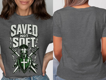 Men's dark gray t-shirt with "SAVED NOT SOFT" graphic and knight's shield.