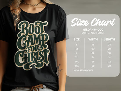 Black t-shirt with "Boot Camp For Christ" text and a Gildan 64000 softstyle t-shirt size chart.