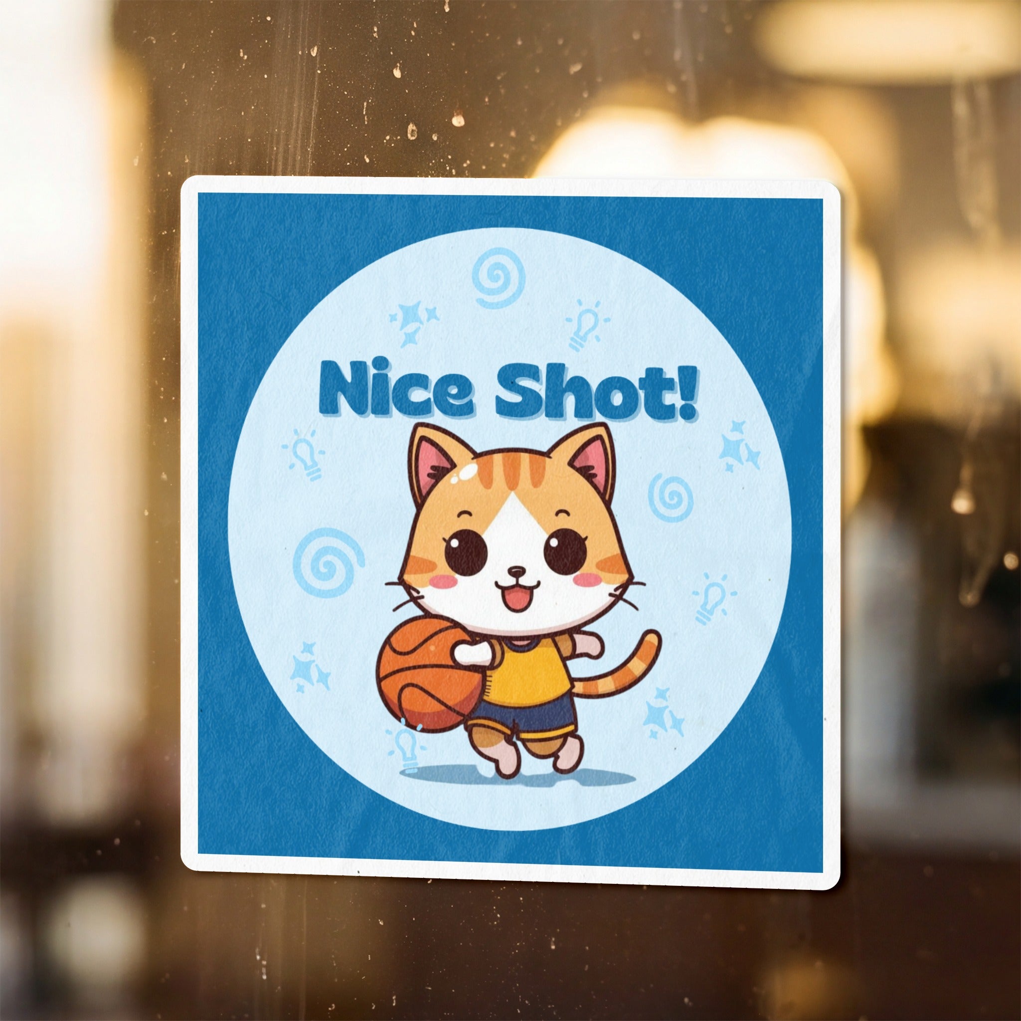 Cartoon cat in basketball uniform holding a basketball with "Nice Shot!" text.