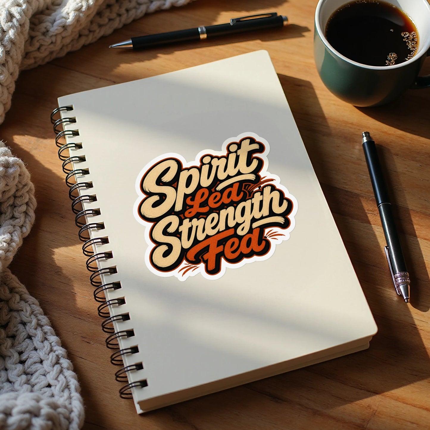 Sticker on notebook reads "Spirit Led Strength Fed" with two pens and coffee.