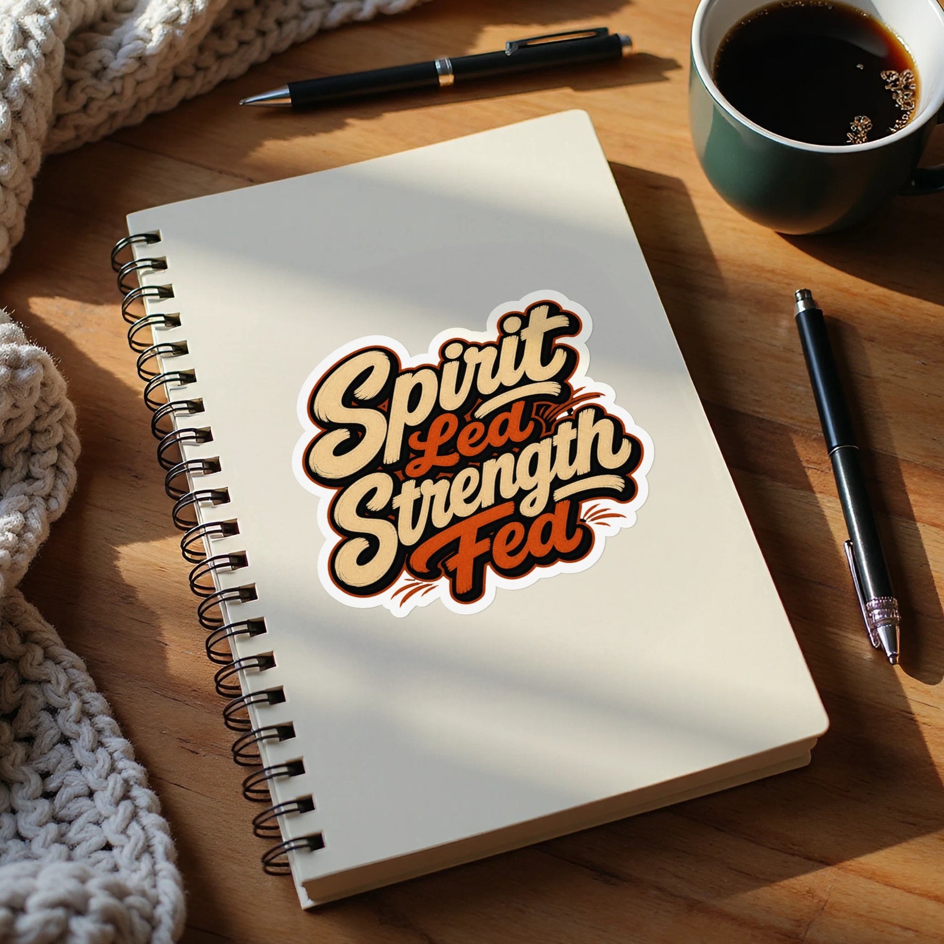 Sticker on notebook reads "Spirit Led Strength Fed" with two pens and coffee.