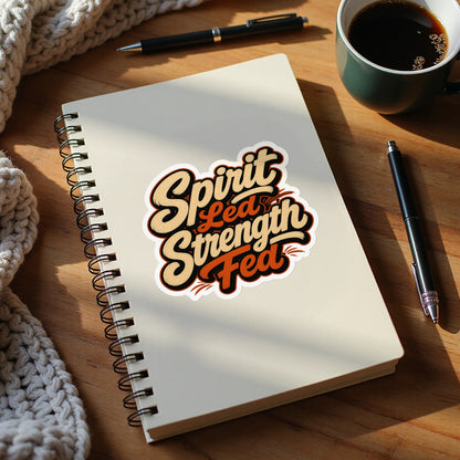Sticker on notebook reads "Spirit Led Strength Fed" with two pens and coffee.