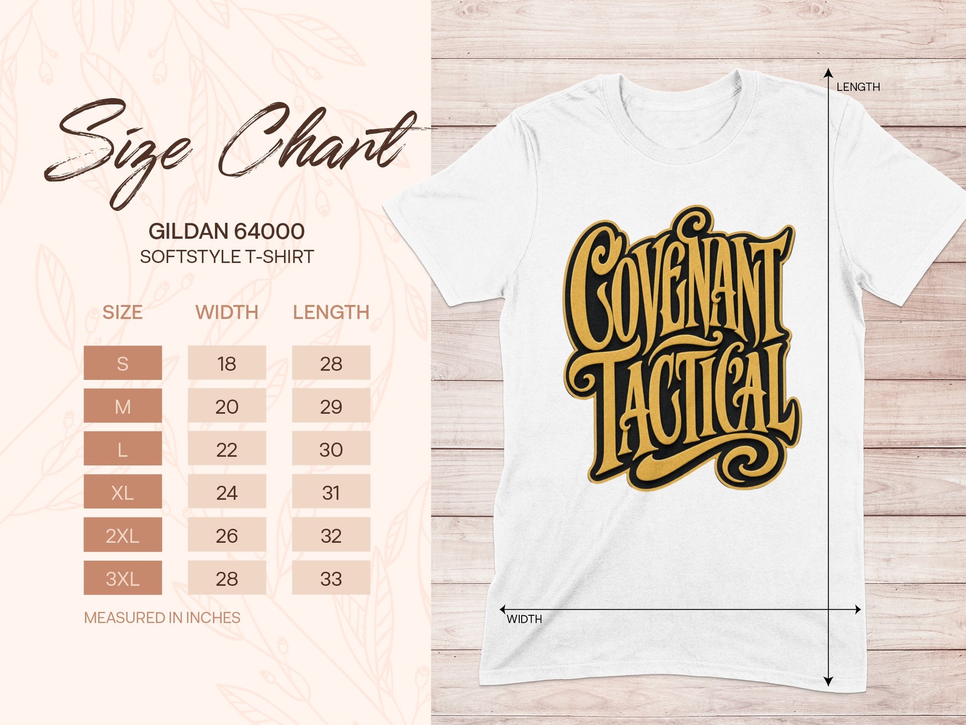 White Gildan 64000 t-shirt with "Covenant Tactical" graphic and size chart.