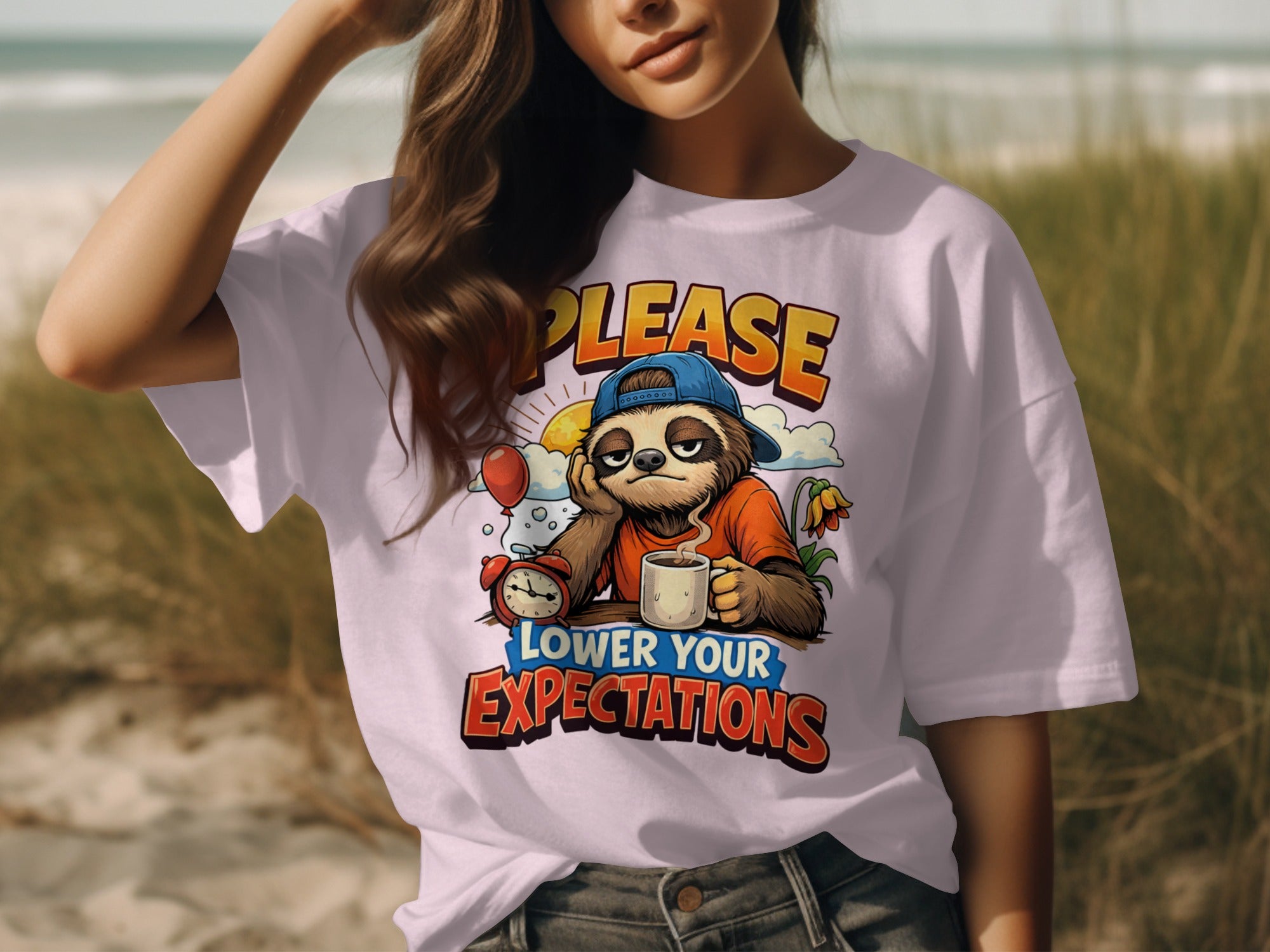 T-shirt with sloth graphic reading "PLEASE LOWER YOUR EXPECTATIONS"
