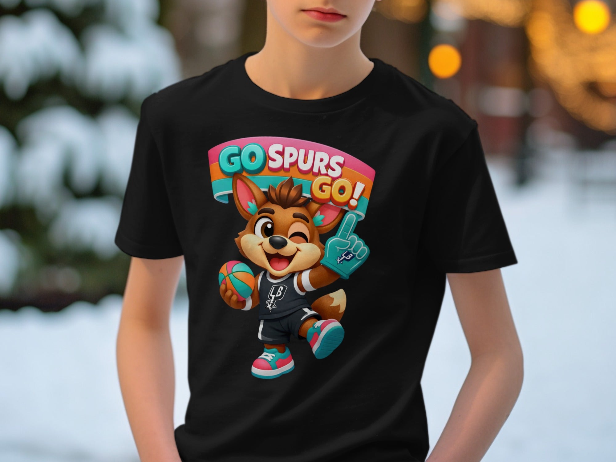 Black t-shirt with winking cartoon fox holding basketball and foam finger, text "GO SPURS GO!".