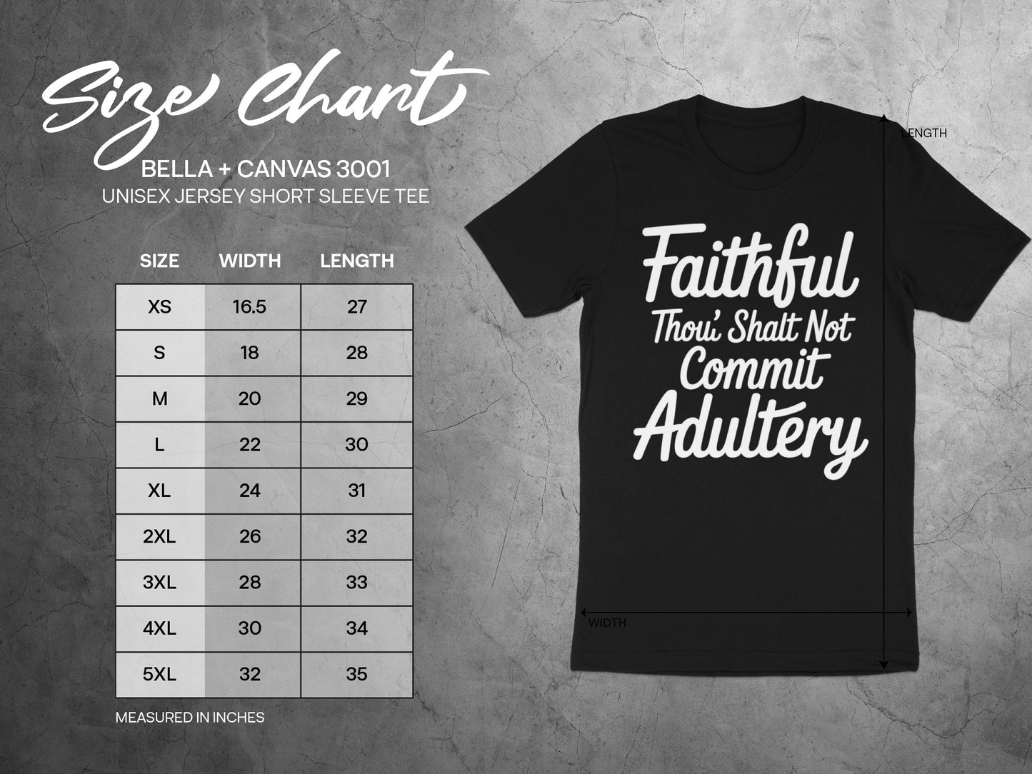 Size chart for Bella + Canvas 3001 Unisex Jersey Short Sleeve Tee.