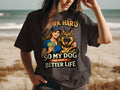 Graphic of woman holding money with German Shepherd, text reads "work hard so my dog can have a better life."