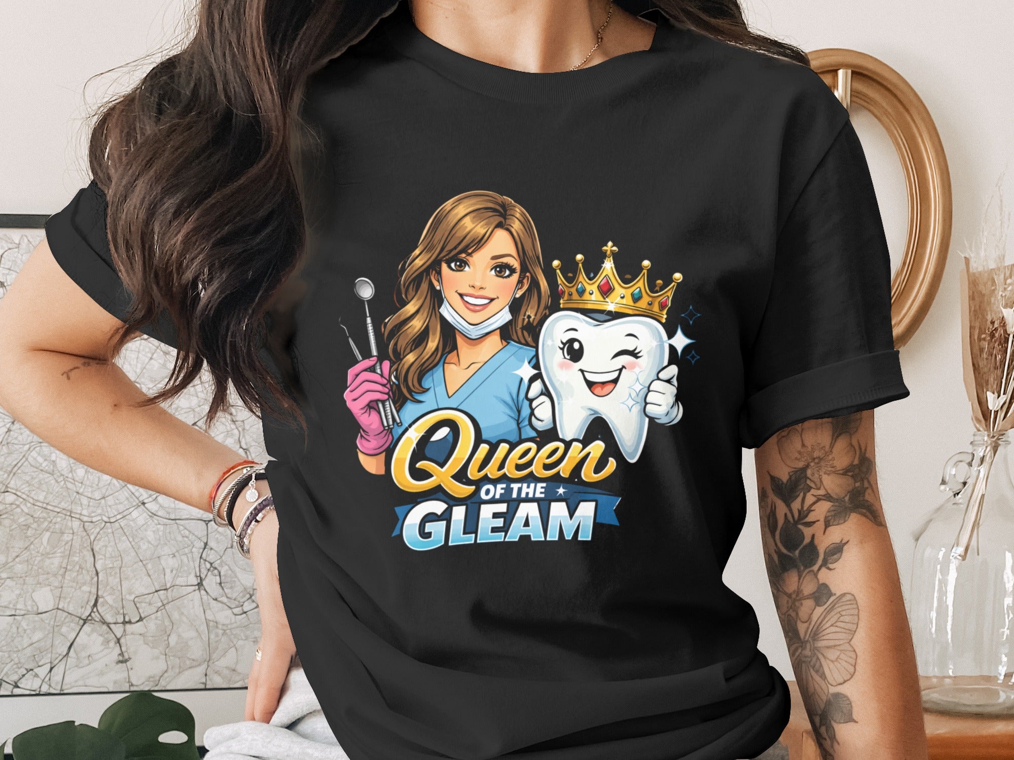 "Queen of the Gleam" text on a black shirt with a cartoon dentist and tooth graphic.