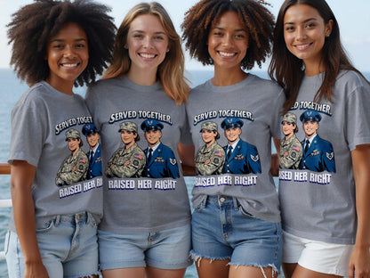 Four women in grey t-shirts with graphic of military couple and "SERVED TOGETHER, RAISED HER RIGHT" text.