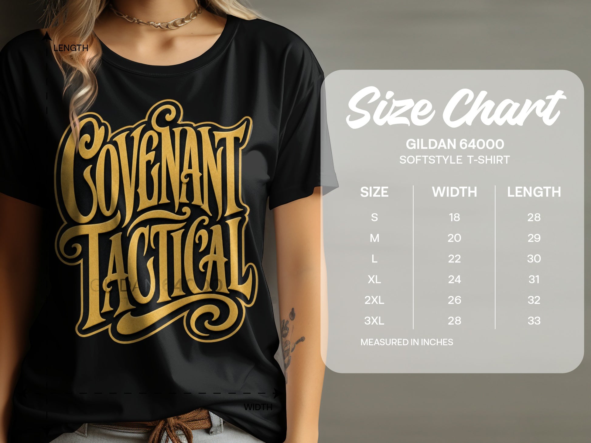 Black t-shirt with gold "COVENANT TACTICAL" lettering and Gildan 64000 size chart.