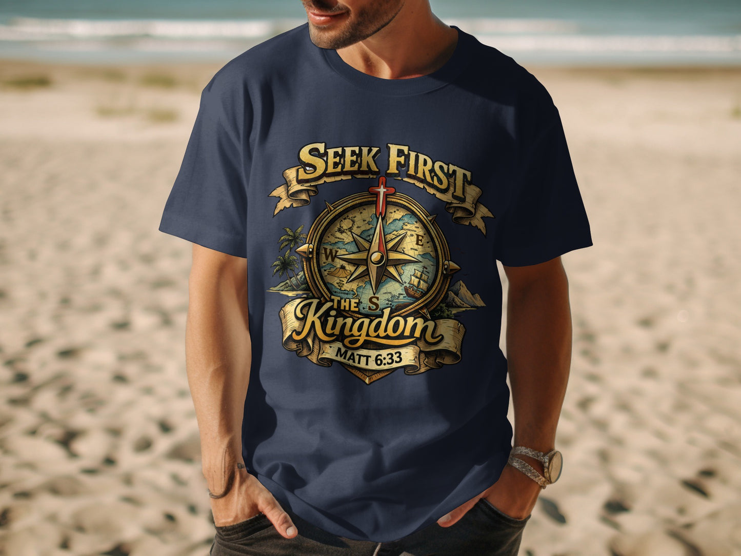 Navy t-shirt with graphic of compass, cross, and text "Seek First The Kingdom".