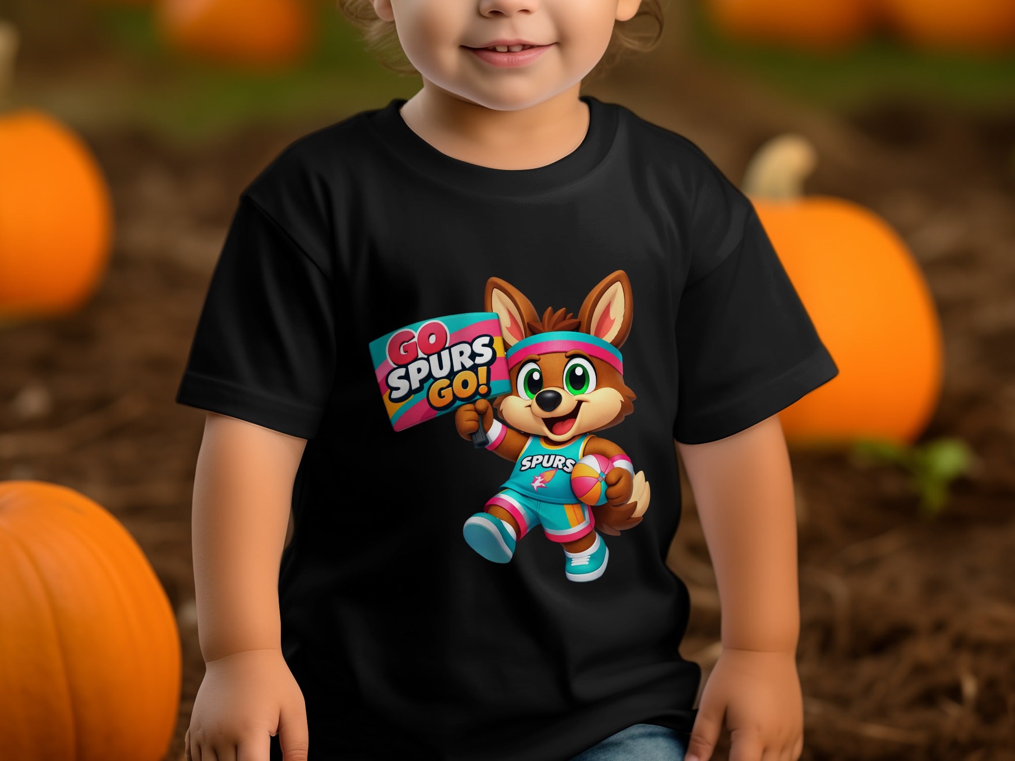 Black t-shirt on child featuring cartoon fox mascot holding "Go Spurs Go!" sign.