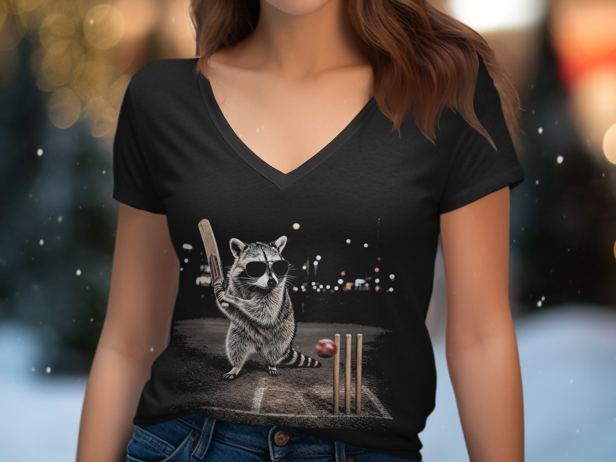 Black t-shirt with graphic of raccoon playing cricket at night, wearing sunglasses.