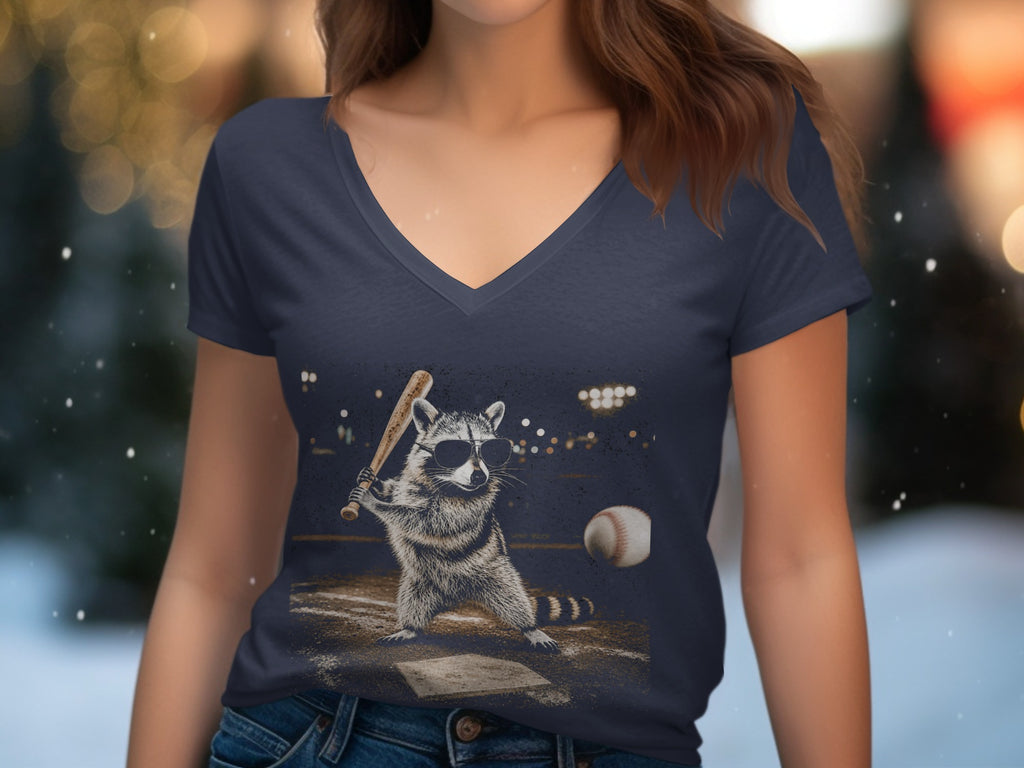 Raccoon in sunglasses swings baseball bat at baseball on field with stadium lights.