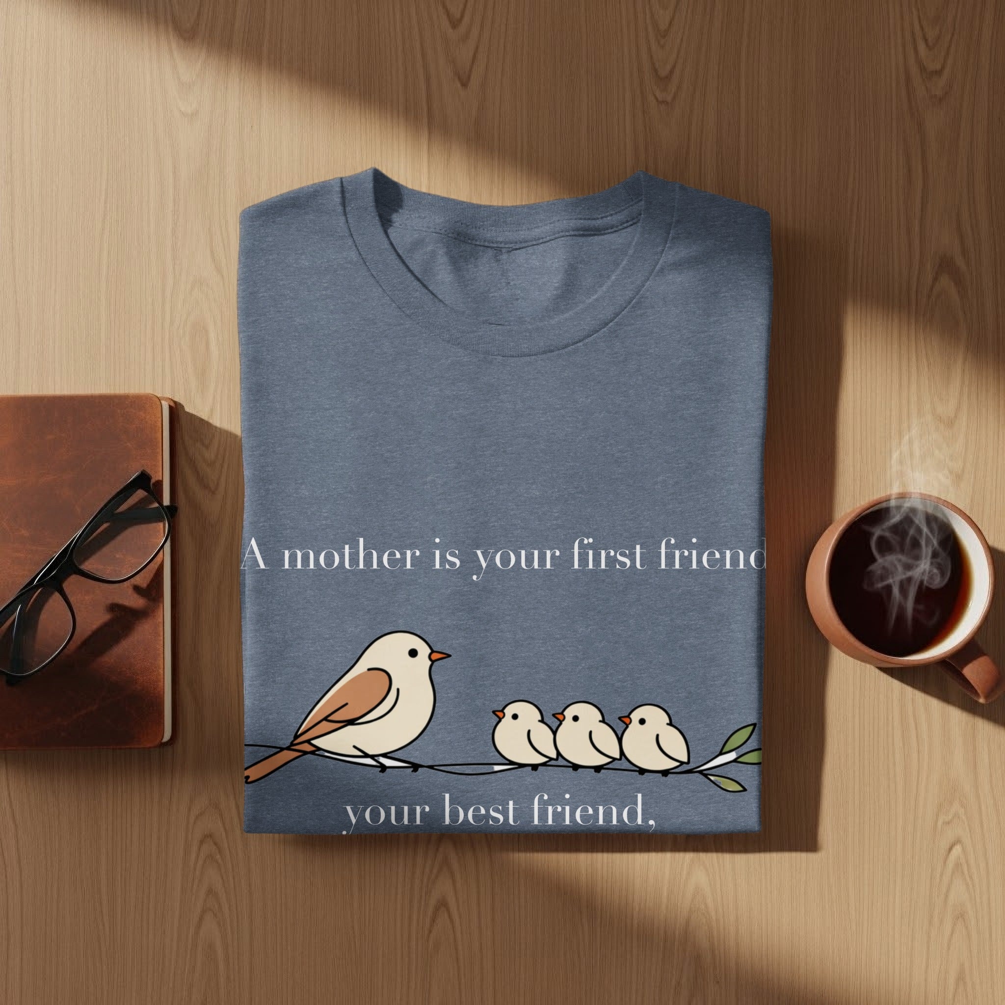 Blue t-shirt with birds and text "A mother is your first friend, your best friend,".