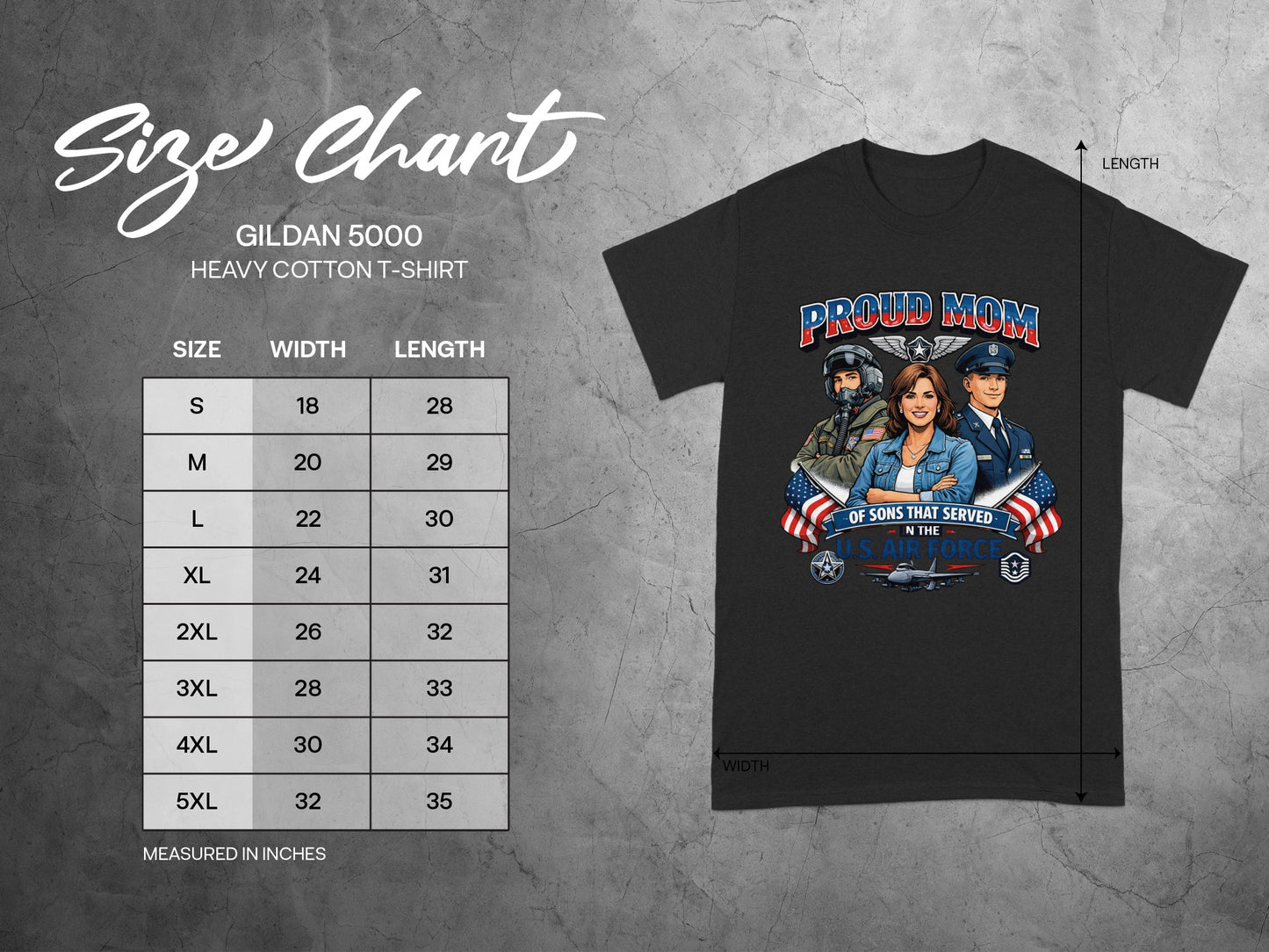 Gildan 5000 size chart for heavy cotton t-shirt with chest width and length measurements.