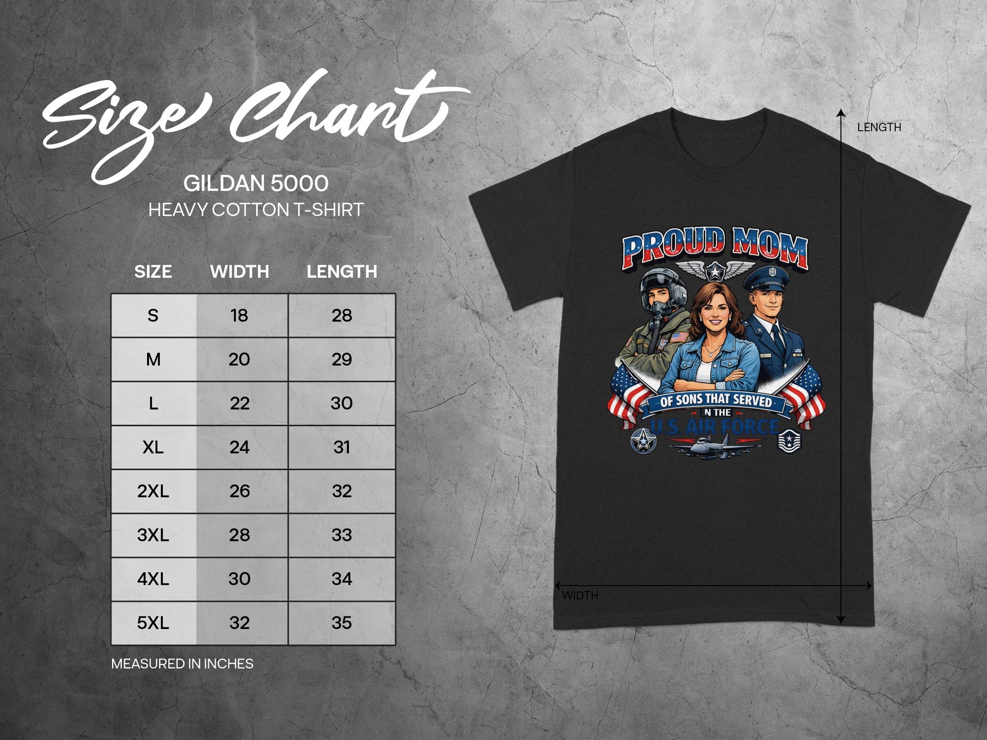Gildan 5000 size chart for heavy cotton t-shirt with chest width and length measurements.