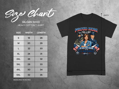 Gildan 5000 size chart for heavy cotton t-shirt with chest width and length measurements.