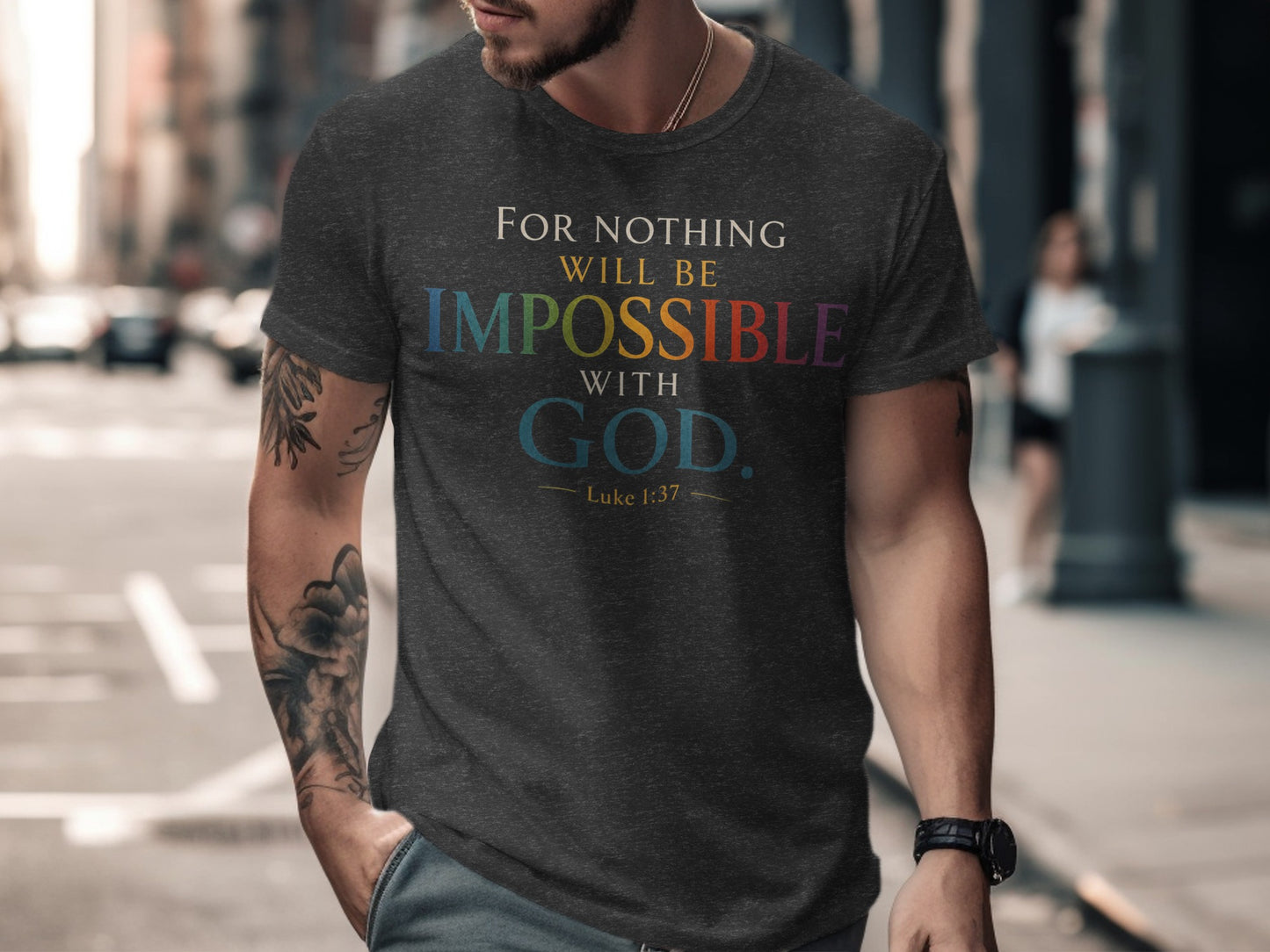 Dark grey t-shirt with "For nothing will be impossible with God. Luke 1:37" text.