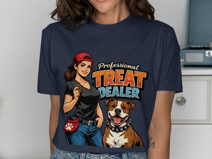 T-shirt graphic: cartoon woman with treat pouch and happy dog, text "Professional TREAT DEALER".