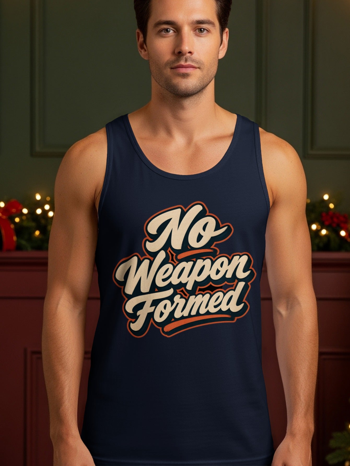 Navy tank top with "No Weapon Formed" text in retro script.