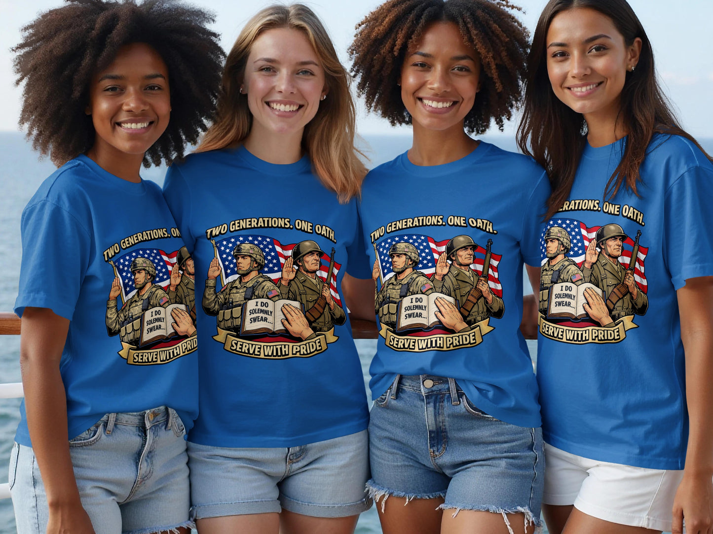 Four women in blue shirts showing a graphic with two soldiers, US flag, and text.