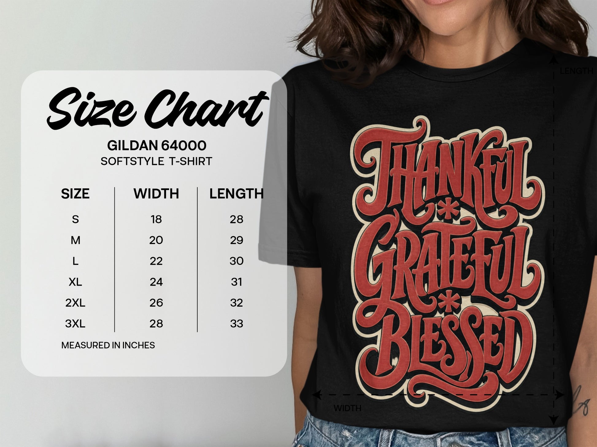 Gildan 64000 Softstyle T-shirt size chart including width and length measurements in inches.