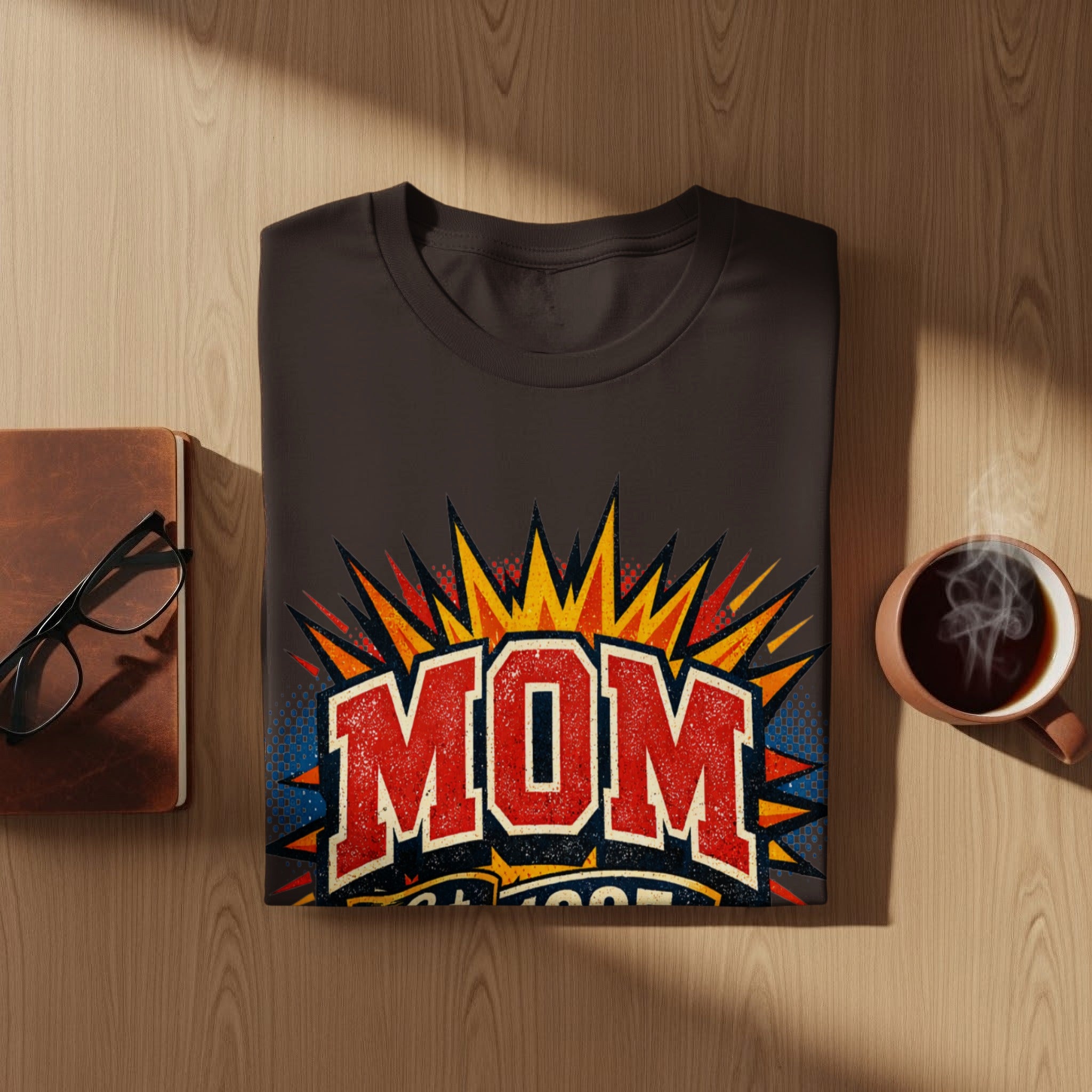 Dark-colored t-shirt with "MOM superhero", text in retro comic book style.