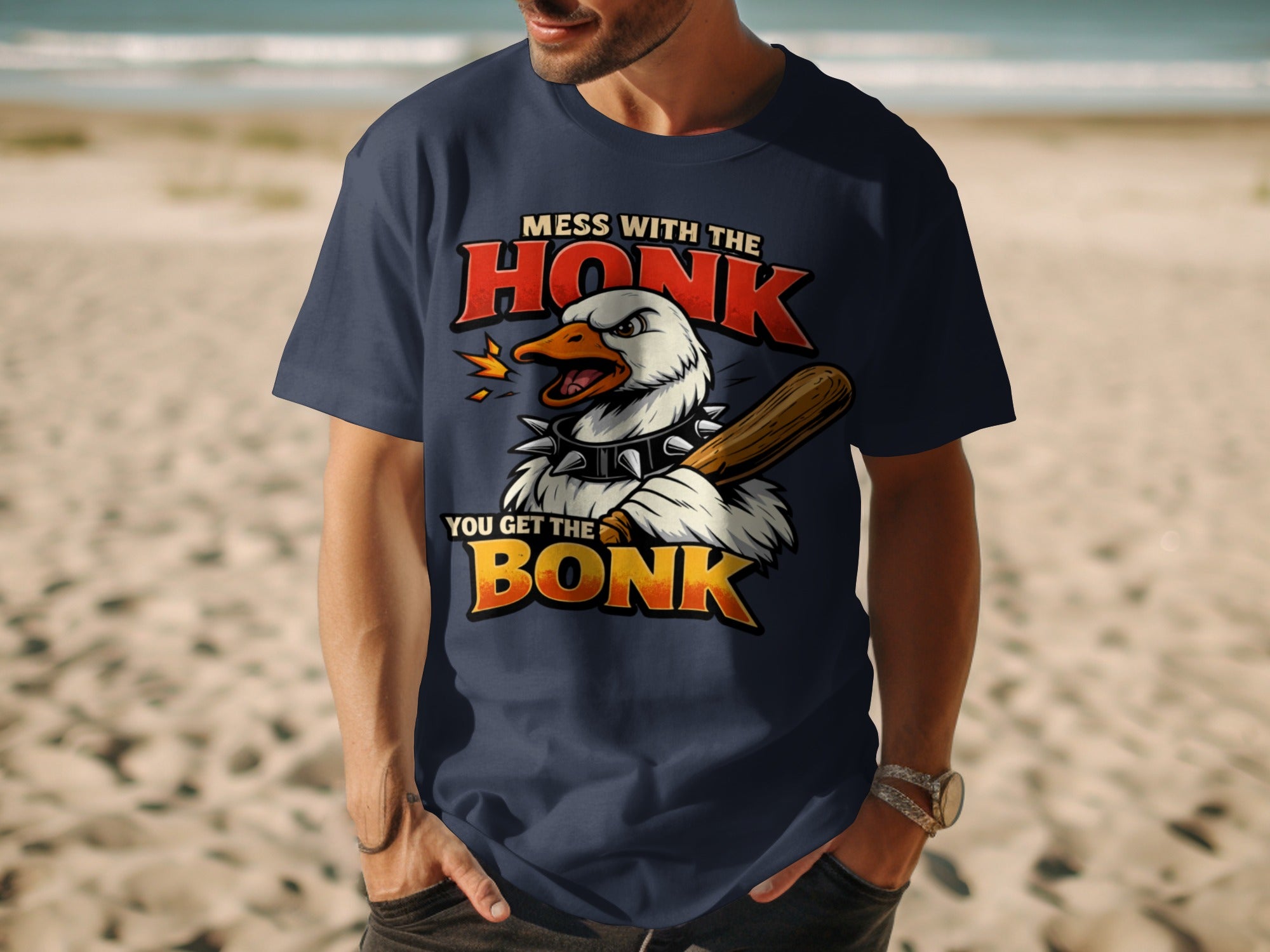 Nerd culture t-shirt with a goose holding a baseball bat and the text "Mess With The Honk You Get The Bonk".