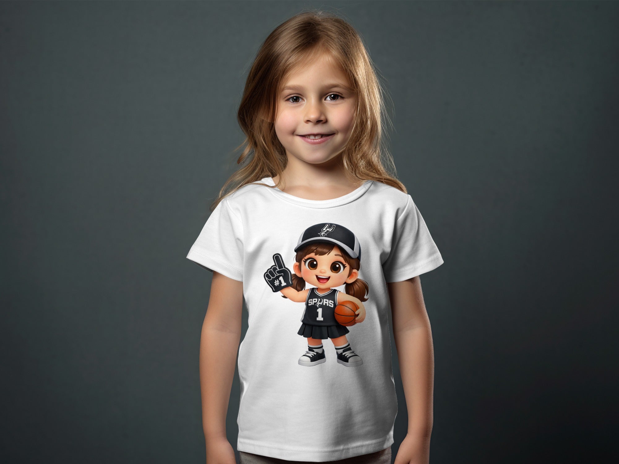 Animated girl in Spurs uniform with foam finger and basketball on t-shirt.
