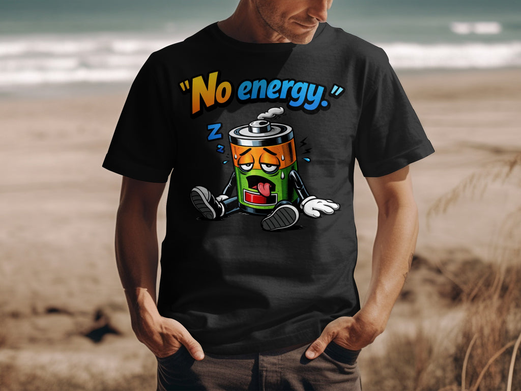 Black t-shirt with a cartoon battery graphic and text "No energy."