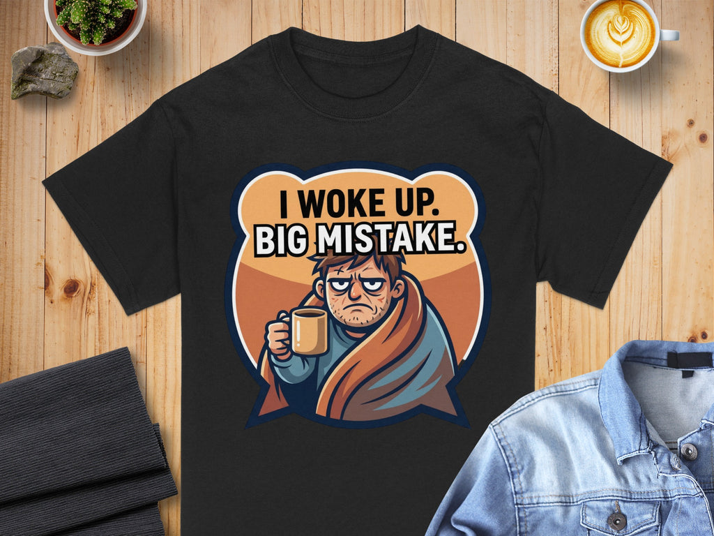 Black t-shirt with text "I WOKE UP. BIG MISTAKE." above grumpy man holding coffee.
