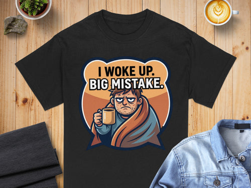 Black t-shirt with text "I WOKE UP. BIG MISTAKE." above grumpy man holding coffee.