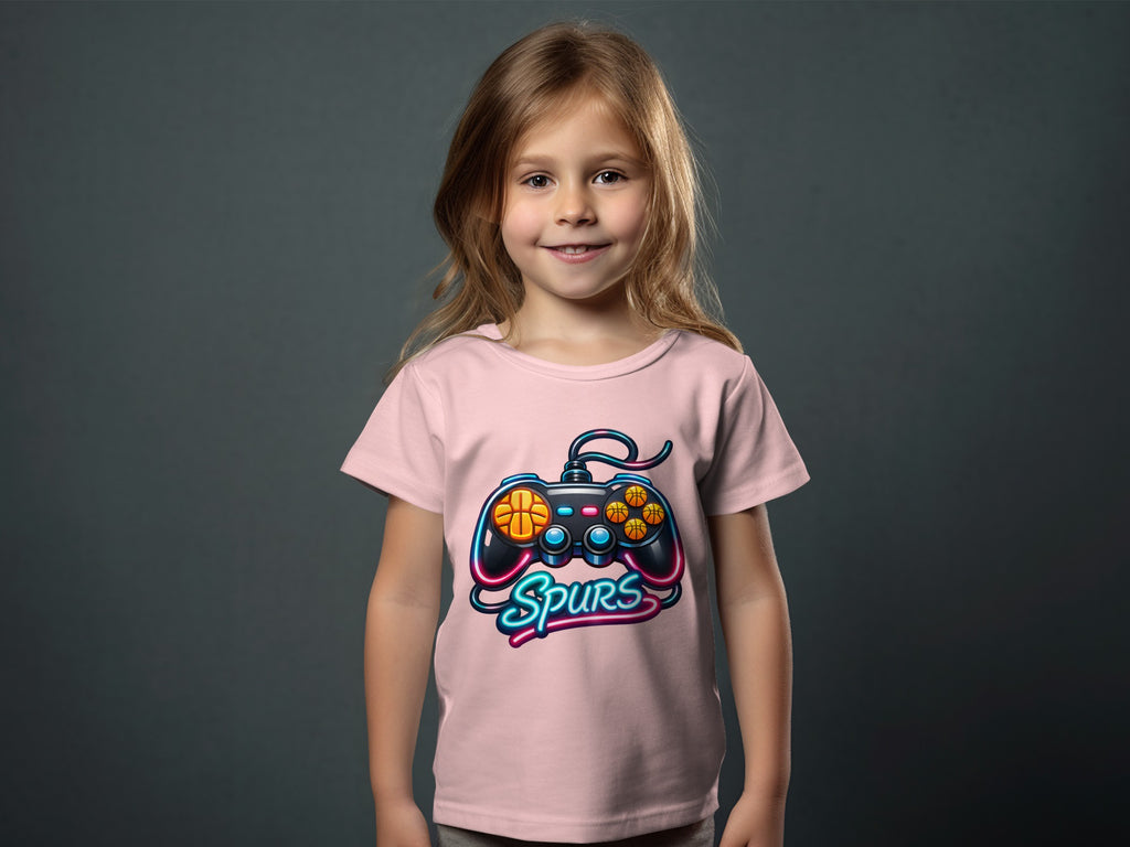Pink t-shirt with a neon video game controller and "Spurs" text graphic.