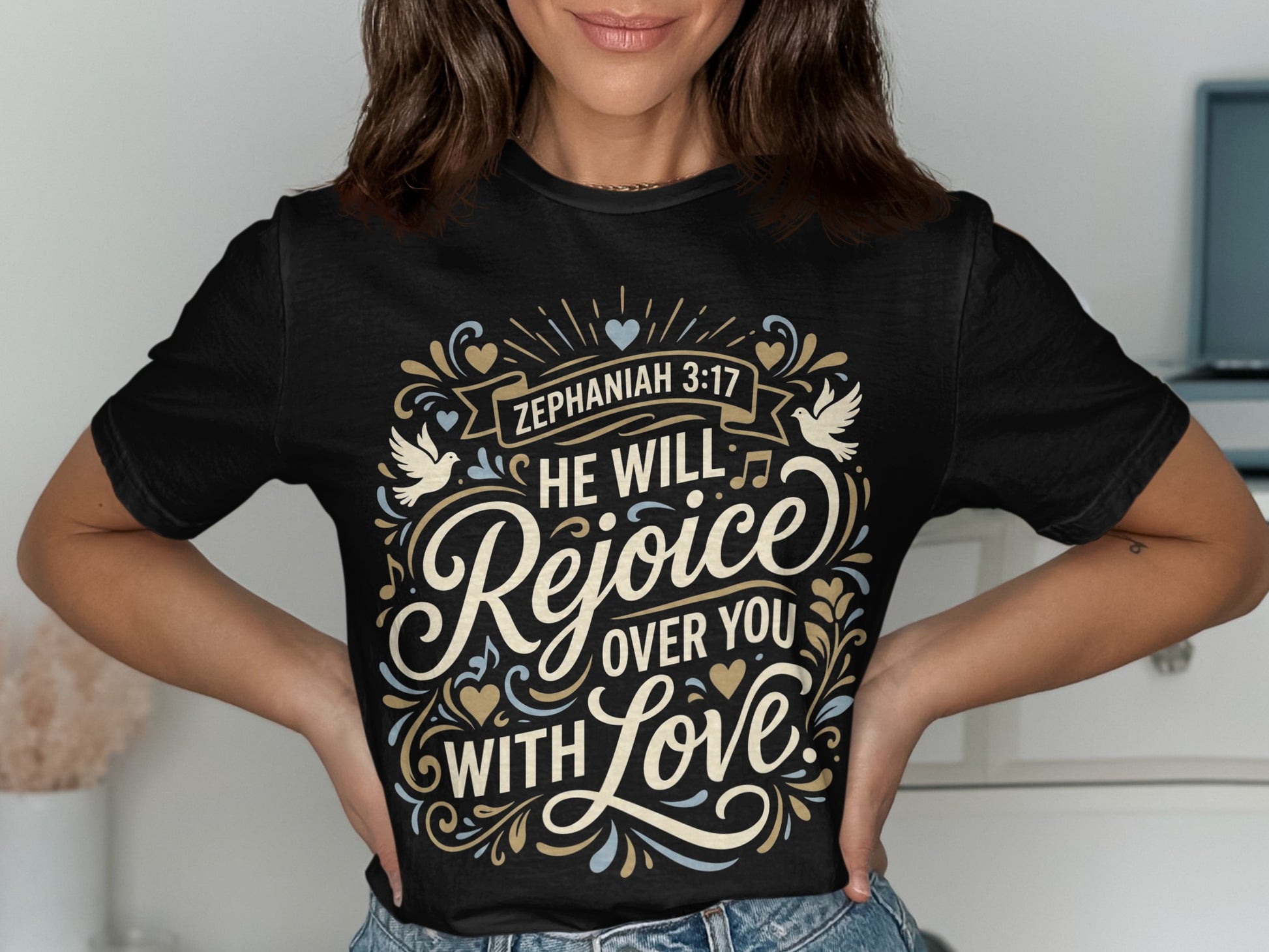 Black t-shirt with Zephaniah 3:17 scripture, "He will rejoice over you with love."