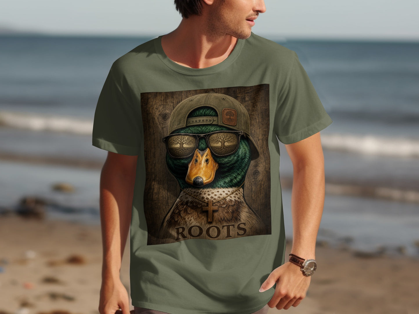 Duck wearing sunglasses and a baseball cap with "ROOTS" text and a cross necklace.