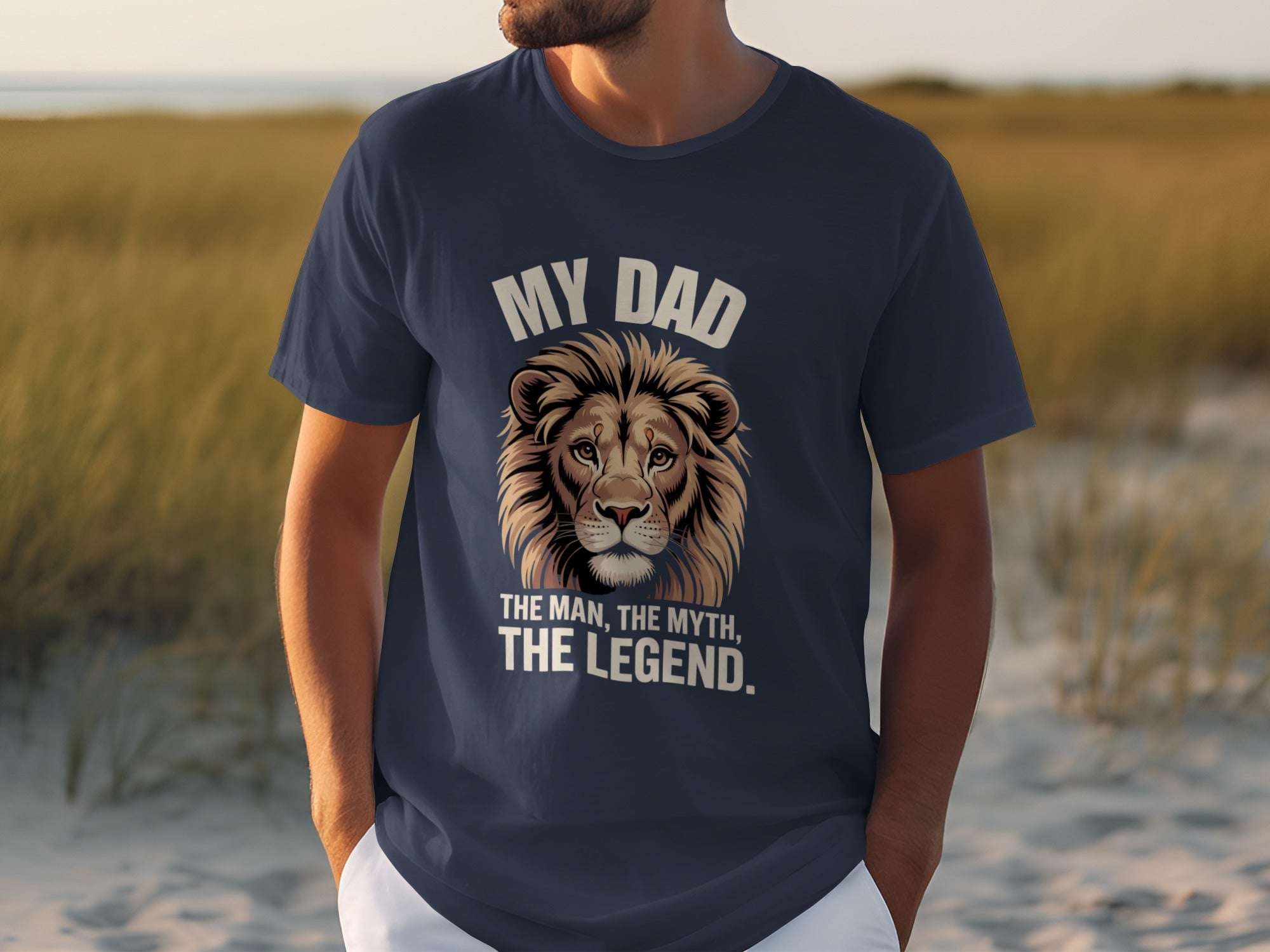Dark blue t-shirt with a lion graphic and text "MY DAD THE MAN, THE MYTH, THE LEGEND."