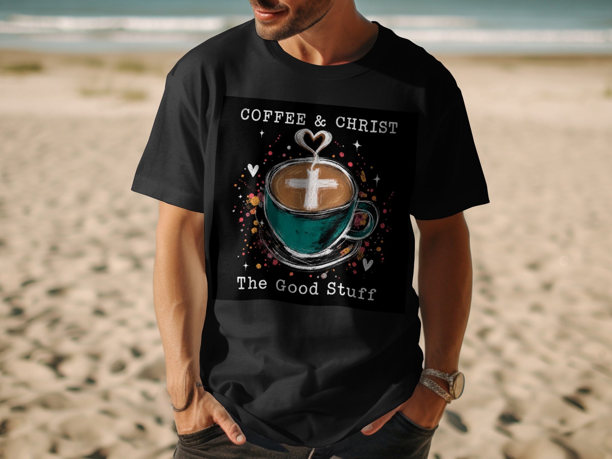 Black t-shirt with "Coffee & Christ The Good Stuff" text and coffee cup graphic.