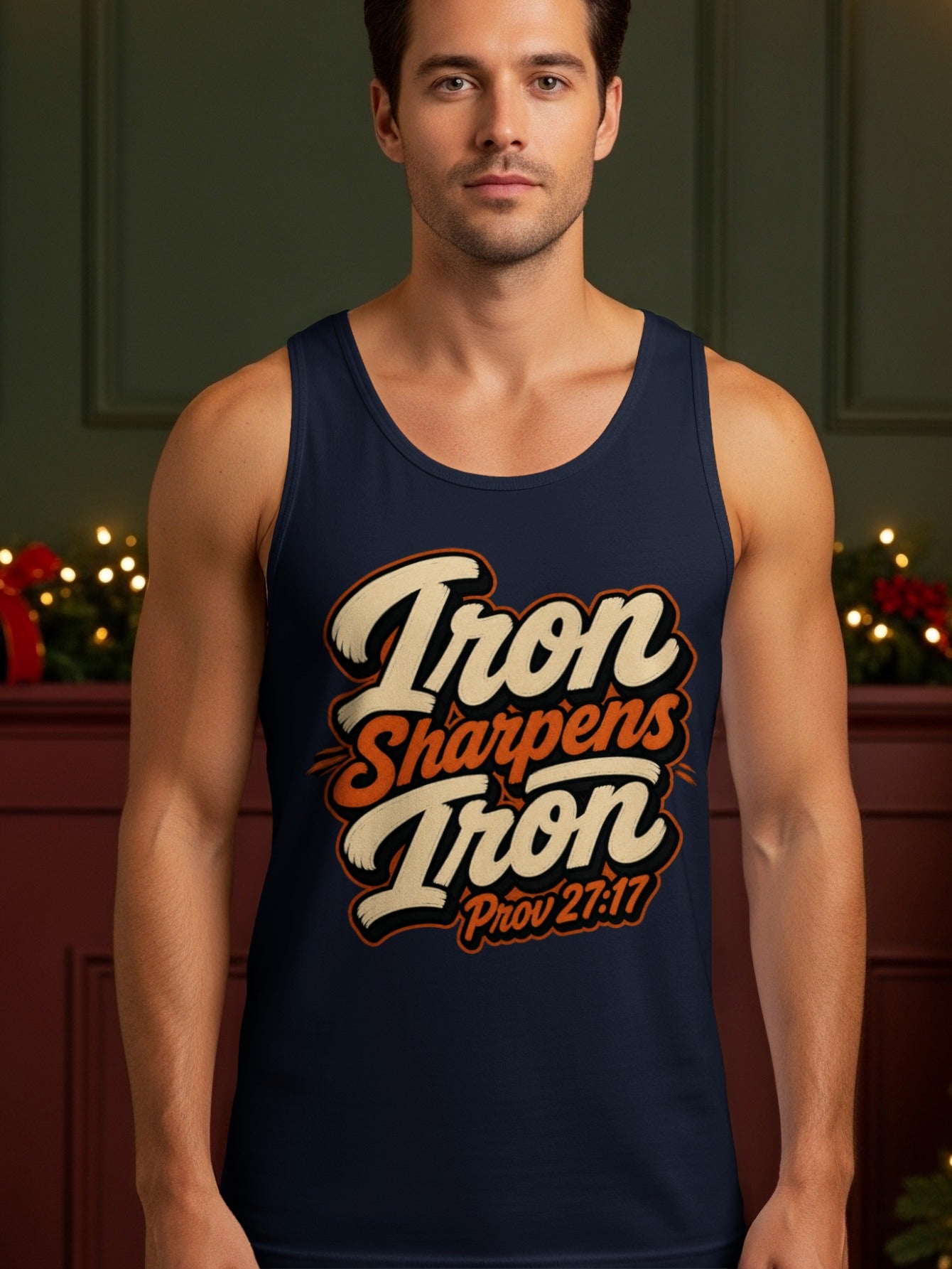 Navy tank top with "Iron Sharpens Iron Prov 27:17" text in retro font.
