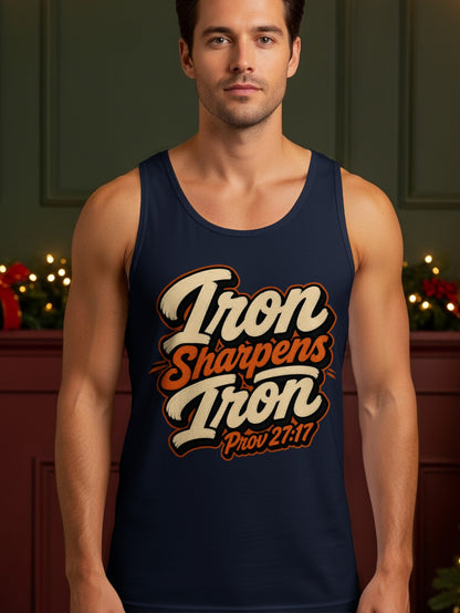 Navy tank top with "Iron Sharpens Iron Prov 27:17" text in retro font.