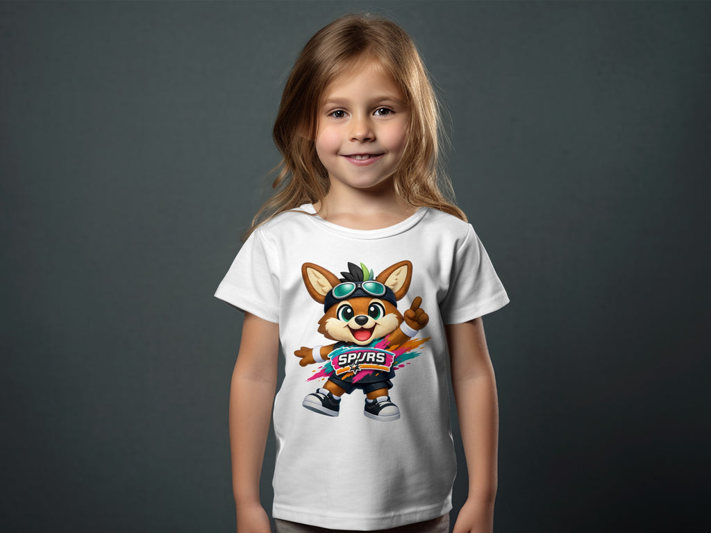 Child wearing white t-shirt with cartoon fox character in basketball shorts and Spurs logo.